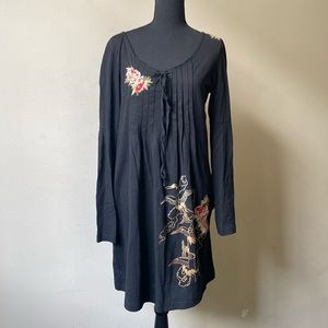 Flowers and Birds Embroidered Cotton Boho Dress